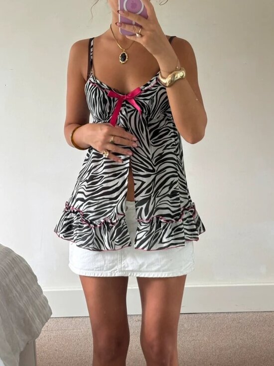 Tops - Zebra Print Ruffle Cami Top with Pink Trim